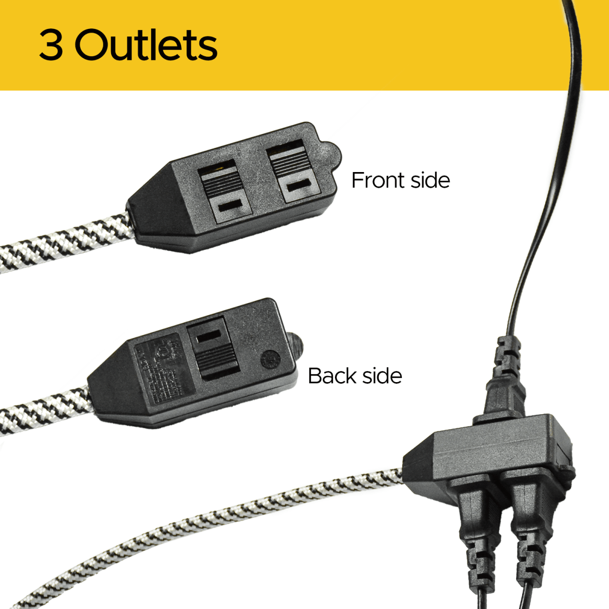 2 - Pack 12ft Flat Extension Cord with Safety Covers, Braided Long Extension Cord with Flat Plug, 3 - Outlet Power Strip, 16AWG, 1625W, ETL Listed - Clevis Barnwell's