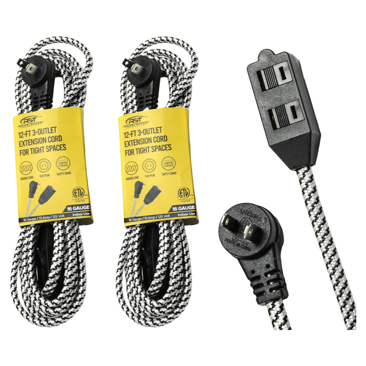 2 - Pack 12ft Braided Flat Extension Cords — 3 - Outlet, Safety Covers - Clevis Barnwell's