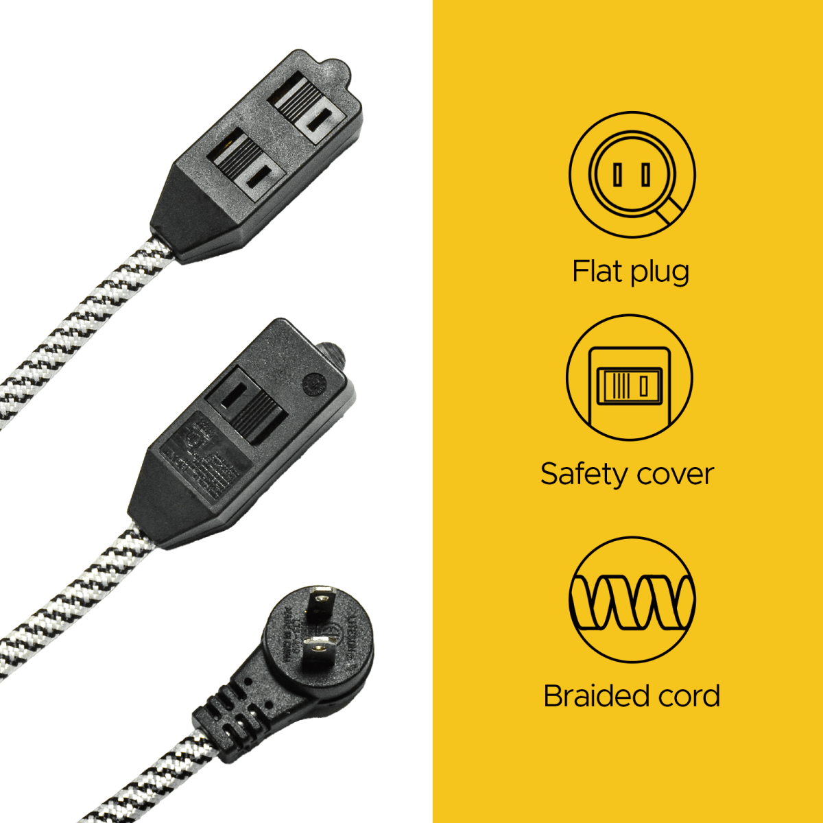2 - Pack 12ft Flat Extension Cord with Safety Covers, Braided Long Extension Cord with Flat Plug, 3 - Outlet Power Strip, 16AWG, 1625W, ETL Listed - Clevis Barnwell's