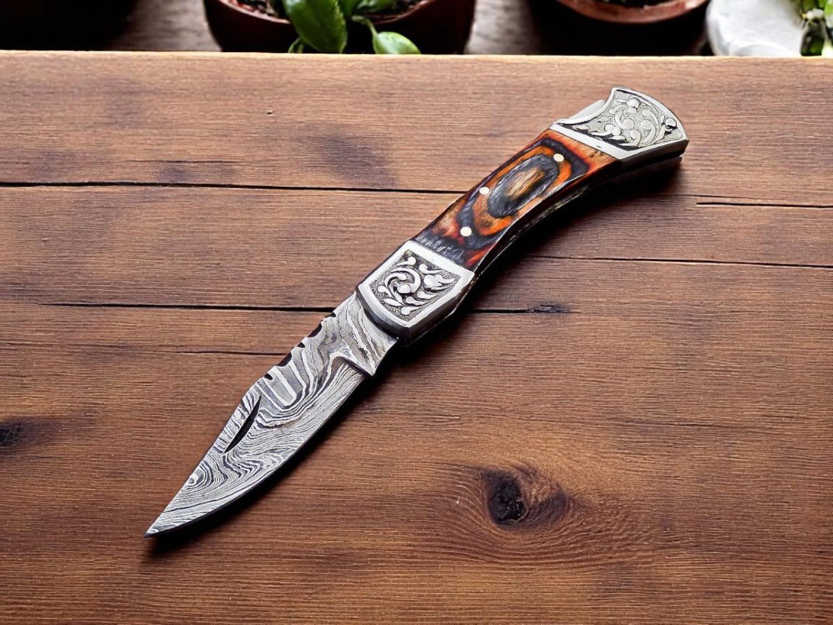 Damascus Folding Knife with Exotic Wood Handle - Clevis Barnwell's